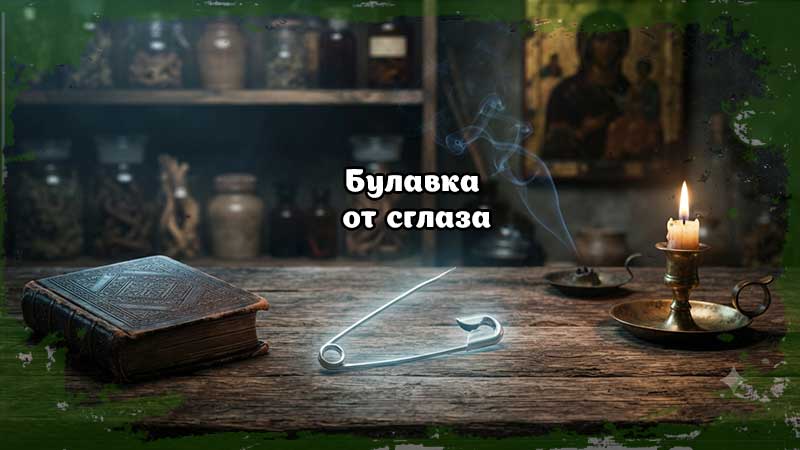 Булавка от сглаза как традиционный защитный оберег на столе знахаря с молитвенником и свечой