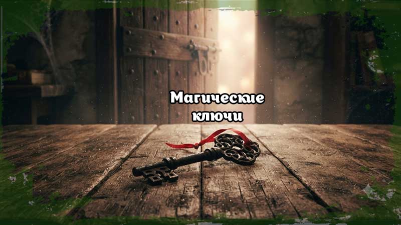 Магические ключи в интерьере: старинный кованый ключ с красной лентой на деревянном столе перед открытой дверью, символизирующий переход к новому знанию.