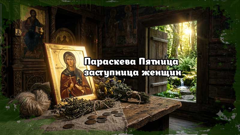 Икона Параскева Пятница и Макошь в интерьере старинной деревянной церкви с видом на святой источник