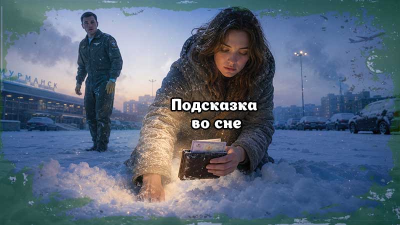 Подсказка во сне — женщина находит кошелек в снегу зимним утром, пока военный летчик удивленно наблюдает за происходящим.