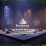 Влияние геометрии пространства в дизайне интерьера: гармоничный сад камней с парящими золотыми геометрическими фигурами, создающий атмосферу глубокого медитативного покоя.