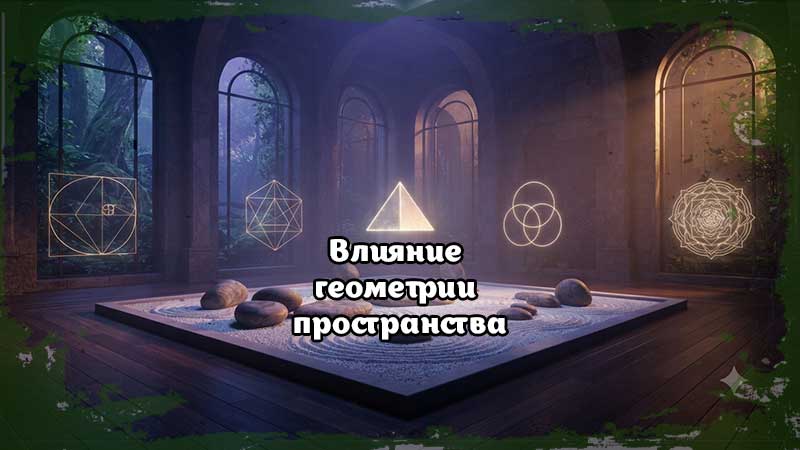 Влияние геометрии пространства в дизайне интерьера: гармоничный сад камней с парящими золотыми геометрическими фигурами, создающий атмосферу глубокого медитативного покоя.